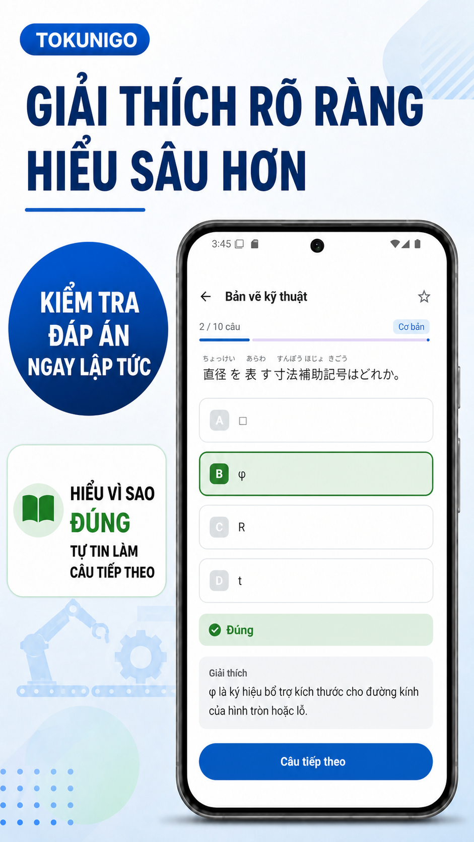 Màn hình hiển thị đáp án đúng và giải thích sau khi trả lời