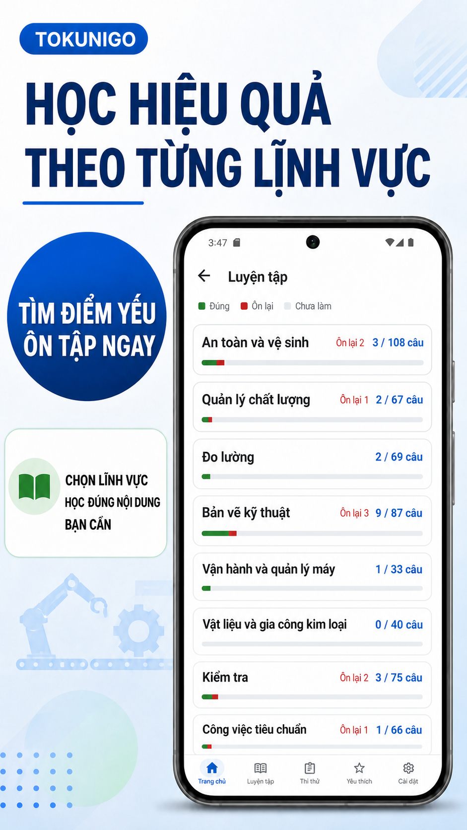 Màn hình chọn lĩnh vực để luyện tập
