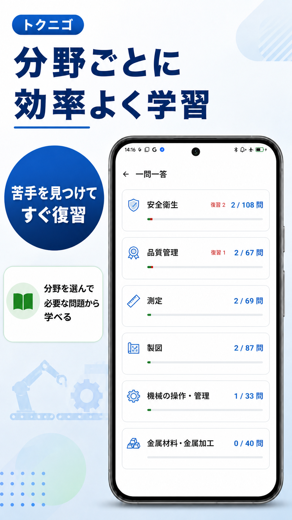 分野を選択して問題を練習する画面イメージ