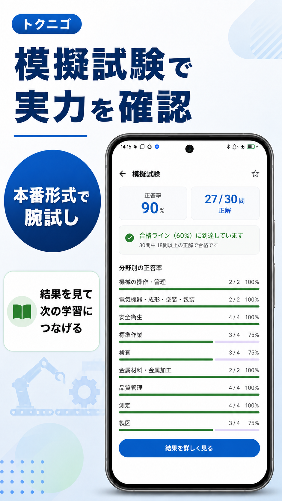 30問80分の模擬試験の結果を確認する画面イメージ